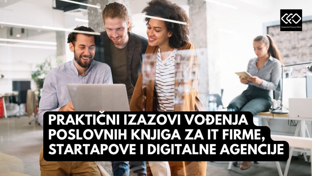 Knjigovodstvene usluge za IT firme i kompanije – tim mladih stručnjaka analizira finansijske podatke na laptopu u modernoj kancelariji.